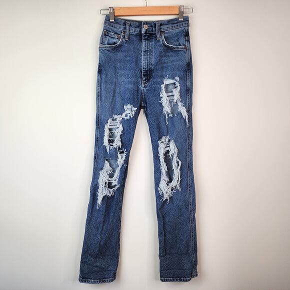 Agolde Pinch Waist High Rise Straight Jeans Size 24 Distressed Ripped Denim - Picture 2 of 11